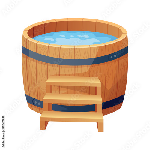 Wooden bath. Wood tub, cartoon rustic water bath barrel for public sauna traditional banya or onsen japanese hot spring, wellness relaxing bathtub basin neat vector illustration of tub bath wooden