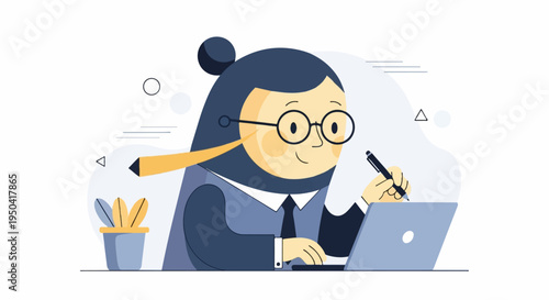Cartoon figure with glasses writing on laptop with a plant nearby