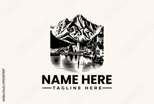 Black and white illustration of a mountain landscape with a lake and village, featuring a logo template with space for a name and tagline on a beige background.