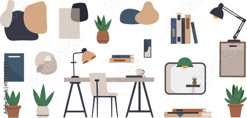 Minimalist home office elements desk, chair, lamps, plants, books, abstract shapes