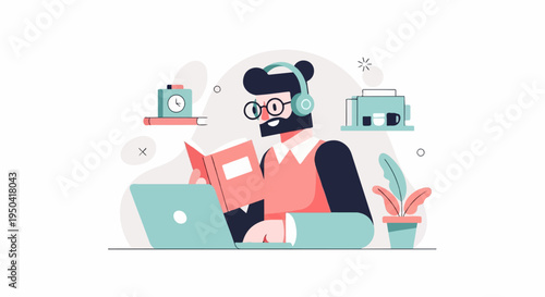 Man with headphones reading a book at a laptop desk