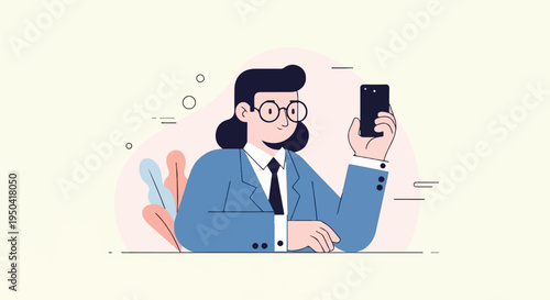 Animated person in blue suit and glasses holding a smartphone