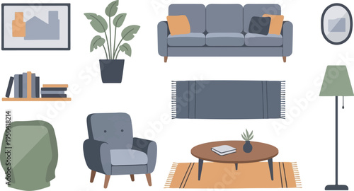 Cozy living room interior with sofa, armchair, plant, table, and lamp