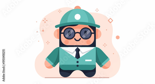 Cute cartoon character wearing a hat, glasses, and suit with abstract shapes