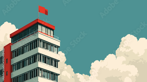 Pixelated building with a red top, a red flag and clouds. The sky is teal