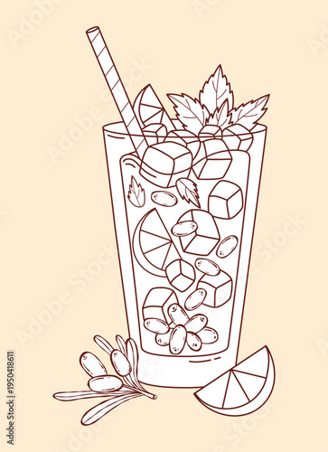 Sea Buckthorn Drink Line Art Illustration. Highball Glass with Berries, Ice Cubes, Mint Leaves and Lemon Slices with Cocktail Straw. Outline Minimalist Vector Coloring Page for Menu Design.