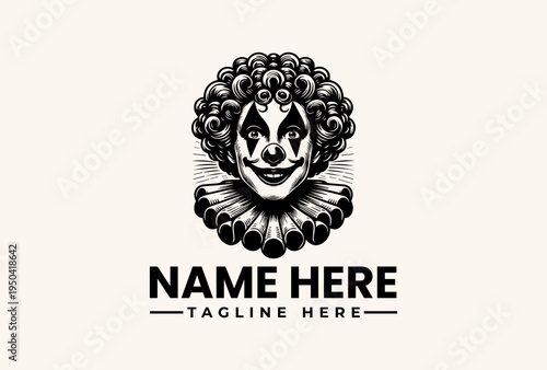 Black and white illustration of a jester's head with curly hair and a ruffled collar, accompanied by placeholder text for a name and tagline on a plain background, in a graphic design style.