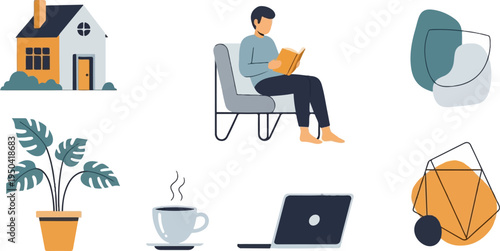 Cozy home scene with a person reading, a plant, coffee, and a laptop