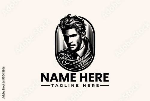 A black and white illustration of a man's head and shoulders with a scarf, set in an oval frame with placeholder text for a name and tagline on a beige background.