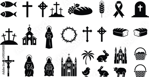 Comprehensive collection of Christian and Easter icons featuring holy crosses, churches, Jesus Christ, communion bread, wine, crowns of thorns, and spring animals for religious celebration design.