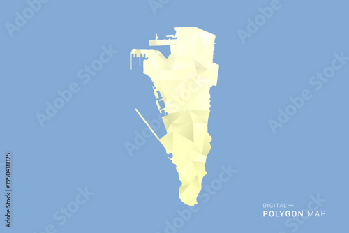 Gibraltar Map in low poly polygon vector style, geometric shape illustration with soft yellow tones on blue background, clean silhouette for infographic.