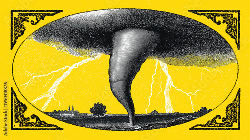 A vintage-style illustration depicts a powerful tornado sweeping through a landscape, with lightning