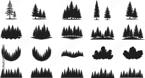 Large set of black forest silhouettes featuring pine and fir tree groups for nature mountain scenery, outdoor camping adventure design, and evergreen woodland environment illustrations.