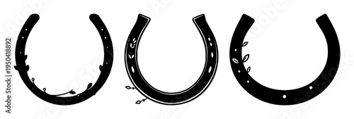 Horseshoe set with minimalist line art featuring leafy sprigs, small dots, black outlines with white background and monochrome palette
