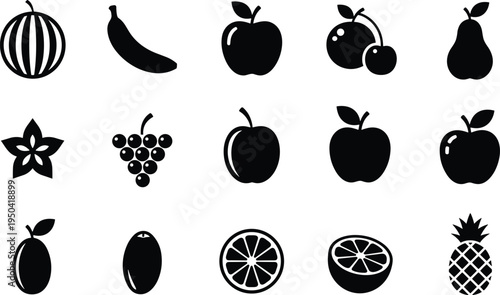 Large set of black fruit silhouettes featuring watermelon, banana, apple, cherry, pear, grape, starfruit, citrus, and pineapple icons for healthy organic food and market design.