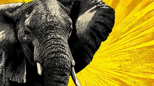 Close-up illustration of an elephant's head in shades of gray, contrasted against a bright yellow background