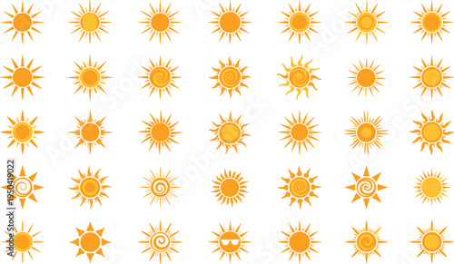 Large set of yellow sun icons featuring various solar designs, swirling rays, and summer weather symbols for sunshine heat, vacation travel, and bright nature energy graphics.