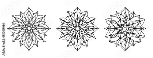 Sacred geometry set with symmetrical line art design featuring flower of life, atom, science-spirituality with harmony and balance