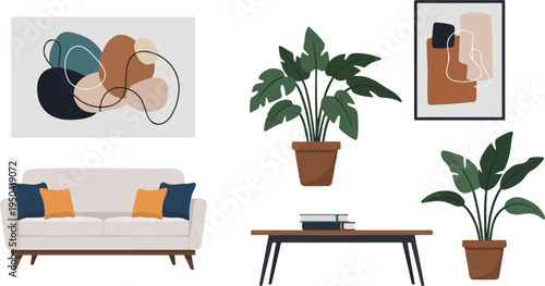 Cozy living room with abstract art and potted plants on white background