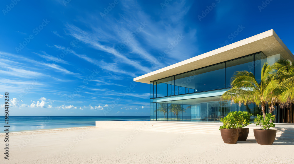 Fototapeta premium Modern glass house, sandy beach, blue sky, palm tree, ocean view, luxury, serene