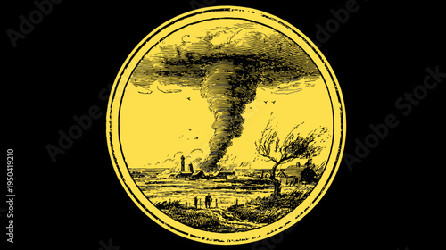 A yellow-toned drawing inside an oval of a tornado destroying a landscape, lighthouse, and homes