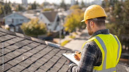 Man wearing a vest and helmet on top of a house roof