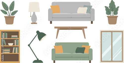 Cozy living room elements sofas, bookshelf, lamps, plants, table, and window