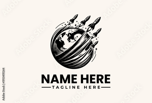 Black and white illustration of a globe with rockets launching, surrounded by dynamic lines, on a beige background with a placeholder text for a logo or brand name.