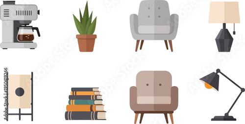 Flat design illustrations of home decor items coffee maker, plant, chairs, lamps, and books