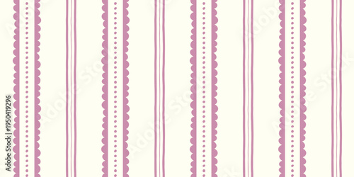 Modern seamless stripe pattern. Doodle scallop lace and irregular hand drawn lines. Soft pink color. Cute girly playful texture. Perfect for textile design, wallpaper, packaging background, scrapbook