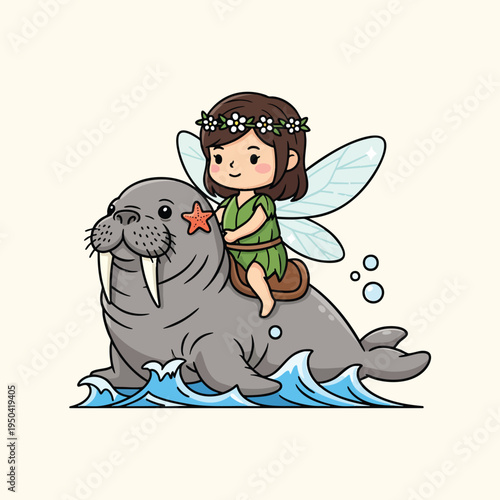 A cartoon fairy with wings rides a walrus through ocean waves. The fairy has a flower crown. The walrus has tusks and a starfish