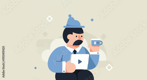 Cartoon man in blue hat and shirt holding tablet and cup