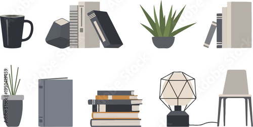 Collection of home decor items including plants, books, a mug, a lamp, and a chair