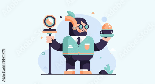 Flat design character with a staff and a cup, holding a bright orb