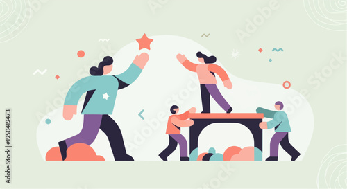 Figures collaborating to achieve a goal, reaching for a star