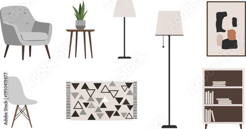 Neutral toned interior furnishings including chairs, lamps, rug, art, and bookshelf