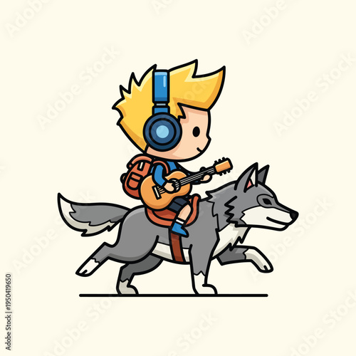 A cartoon illustration depicts a boy with blond hair and headphones riding a grey wolf and playing a guitar. They're on a cream background