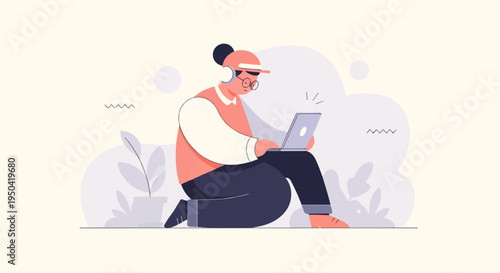 Person with headphones and glasses on laptop, sitting among abstract shapes and plants
