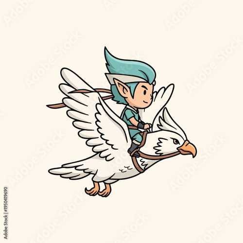A cartoon depicts a child-like figure with blue hair and pointy ears, riding a white gryphon through the air, looking happy. The image has a warm, light background