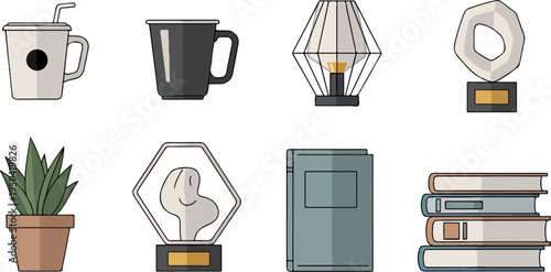 Collection of modern icons beverages, decor, plant, trophies, books, lamp