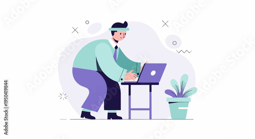 Flat illustration of a man in a suit typing on a laptop beside a plant