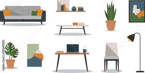 Diverse indoor furniture and decorative items arranged neatly, creating a modern living space