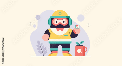 Flat illustration of a retro-futuristic character holding a gadget next to a plant