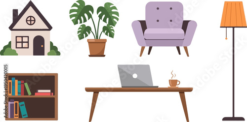 Cozy home office setup with a plant, chair, desk, and lamp