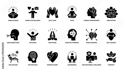 Mindfulness and Wellness Mental Health Icon Set Glyph Vector Illustration Editable