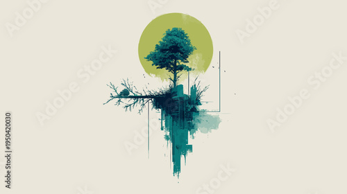 Minimalist teal and green abstract illustration of a tree with a circle background