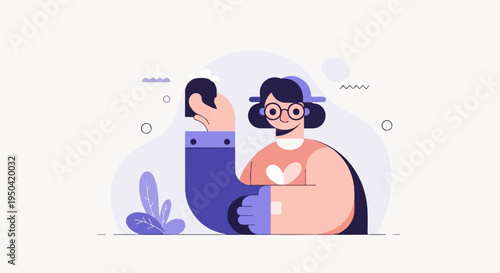 Stylized figures sharing, with abstract shapes and leaves