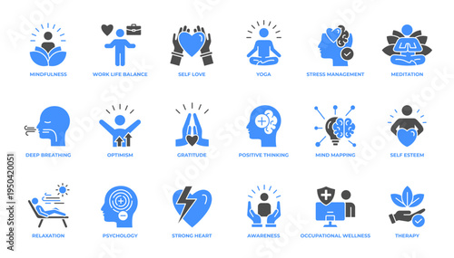 Mindfulness and Wellness Mental Health Icon Set Glyph Vector Illustration Editable