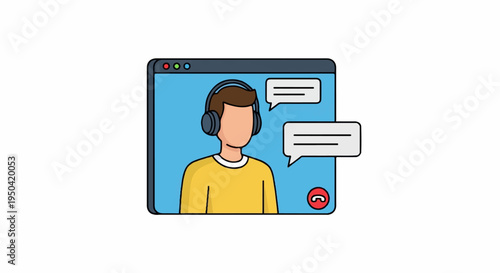 Icon depicting a video call with a person wearing headphones and chat bubbles