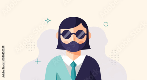 Minimalist avatar with sunglasses, beard, and dual-colored clothing